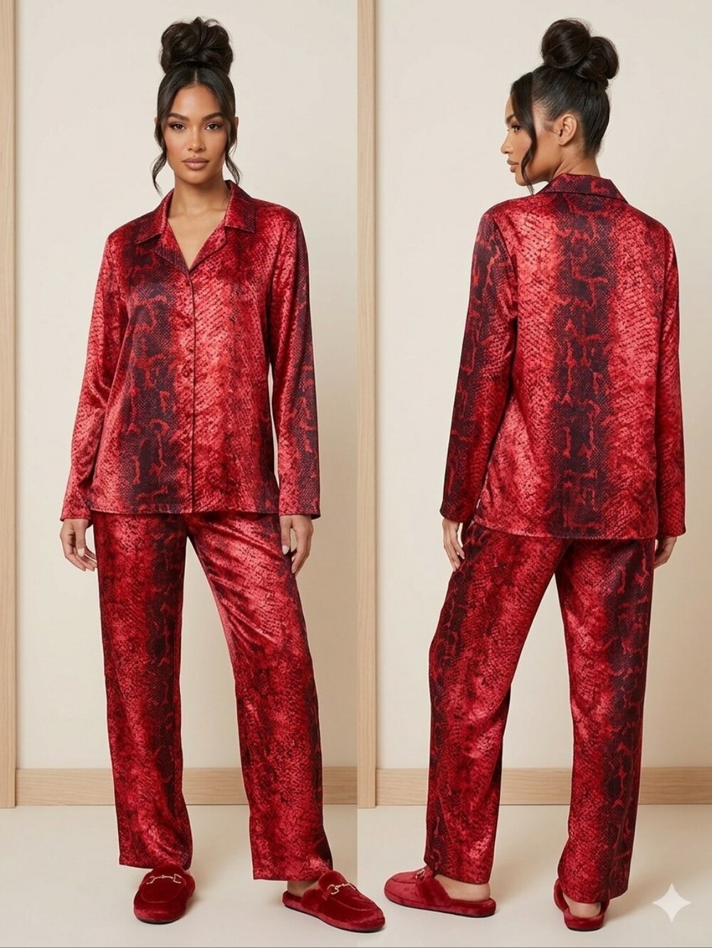 FREDERICK OF HOLLYWOOD RED SNAKE SKIN‎ POLYESTER SLEEPWEAR SET SIZE LARGE